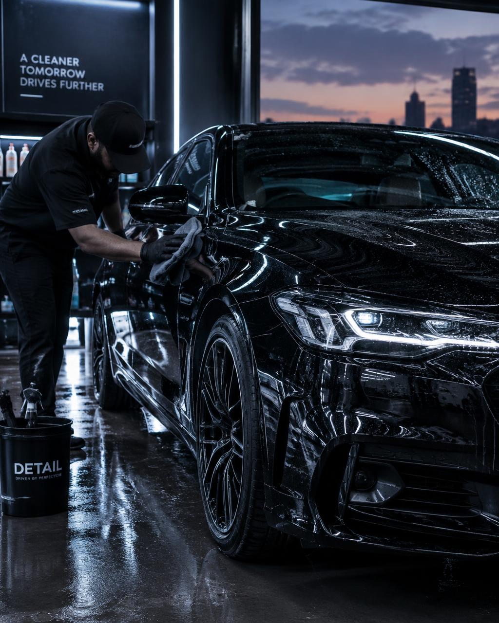 Detailer hand-polishing a glossy black sedan at dusk